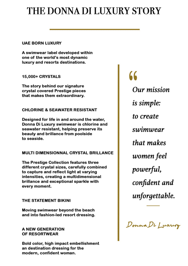 Donna Di Luxury press kit page titled "The Donna Di Luxury Story," detailing the UAE-born swimwear label's 15,000+ crystal embellishments, chlorine and seawater resistant fabric, multidimensional crystal brilliance, and mission statement to create swimwear that makes women feel powerful, confident, and unforgettable.