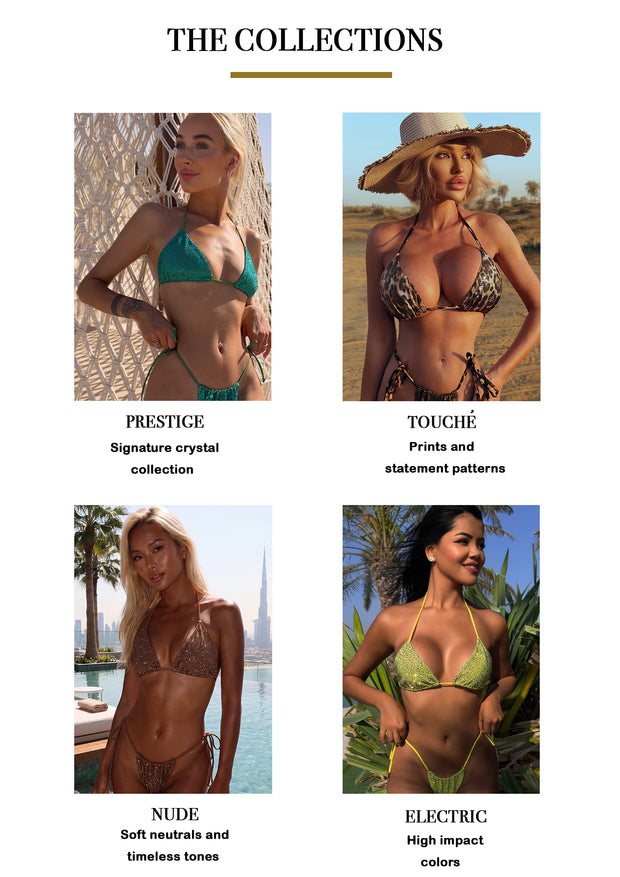 Donna Di Luxury press kit page titled "The Collections," showing four models representing the brand's collection lines: Prestige (signature crystal collection), Touché (prints and statement patterns), Nude (soft neutrals), and Electric (high impact).