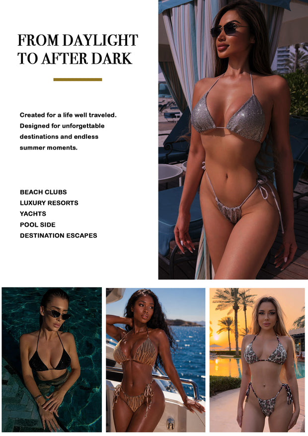 Donna Di Luxury press kit page titled "From Daylight to After Dark," featuring a collage of models wearing different crystal-embellished bikinis in resort, poolside, and yacht settings, with text listing beach clubs, luxury resorts, yachts, poolside, and destination escapes.